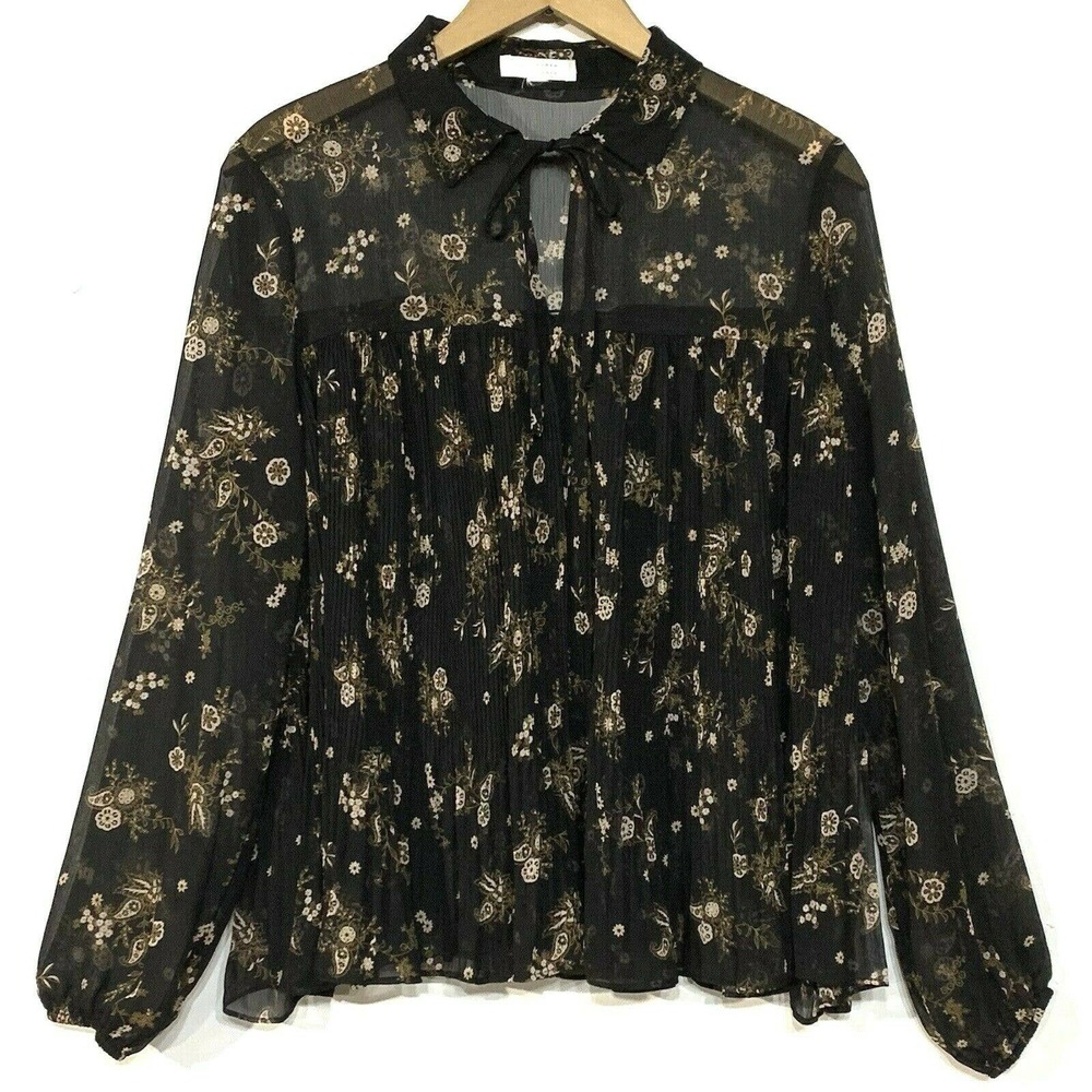 LC Lauren Conrad Womens Large Pleated Black Floral Print Sheer Blouse Hippie Top